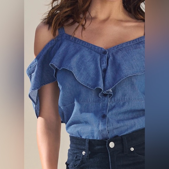 VENUS Blue Sleeveless Blouse with Ruffled Neckline - Picture 12 of 12